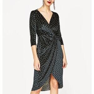 Zara Polka Dot Velvet Twist Front Crossover Midi Dress Front Slit XS Black Gold